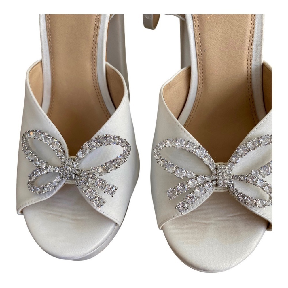 NEW Black Suede Studio Ivory Satin Heels Caroline Platform Crystals Cream 38.5 - Picture 8 of 12
